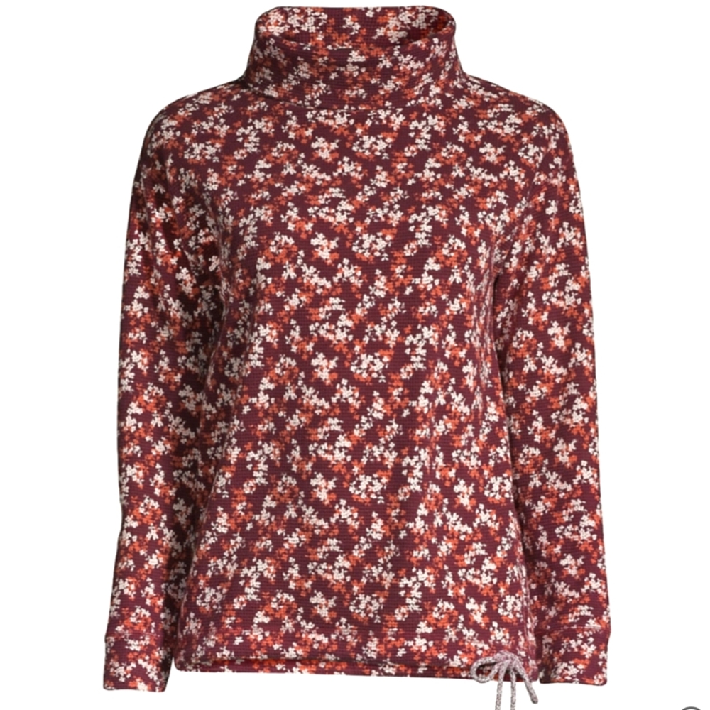 Lands' End🌷 Waffle Turtleneck Sweater in Red Floral Rare Sz 2X